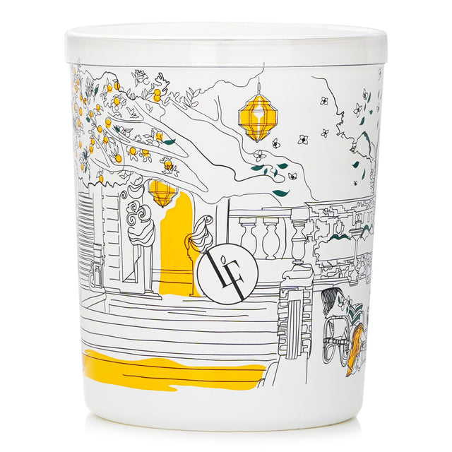 Hesperides Garden Scented Candle in white glass, featuring fruity notes and orange tree designs, burns for 40 hours.