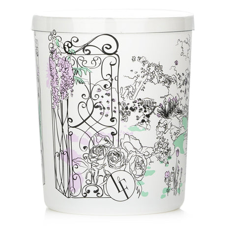 Elegant white glass candle in pastel lilac and pistachio, featuring floral scents of wisteria, ivy, and rose for a romantic ambiance.