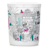 Exotic Garden Candle in white glass, featuring fruity gourmand scents, colorful garden sketches, and 40 hours of burn time.