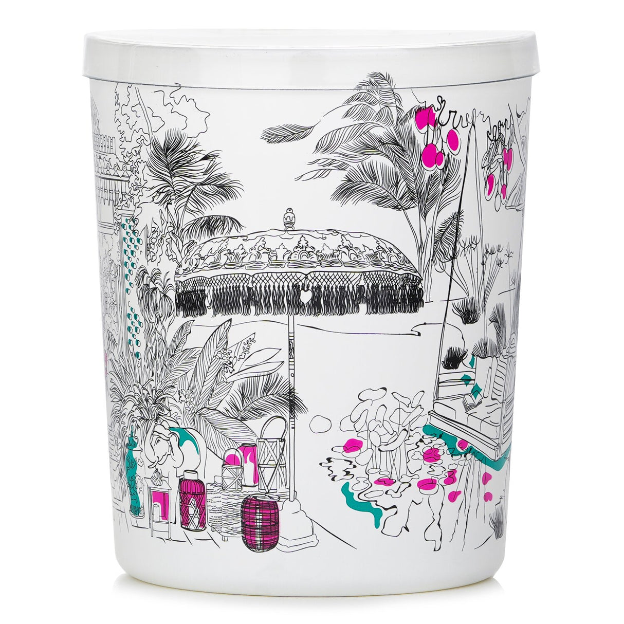 Exotic Garden Candle in white glass, featuring fruity notes for a tropical ambiance; ideal for relaxation and home decor.