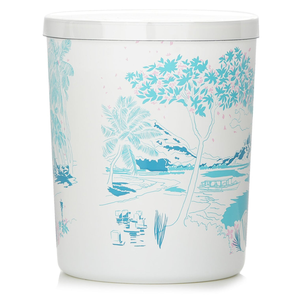 Scented candle in white glass with blue and pink floral design, infusing spaces with tropical fragrances of bergamot and coconut.