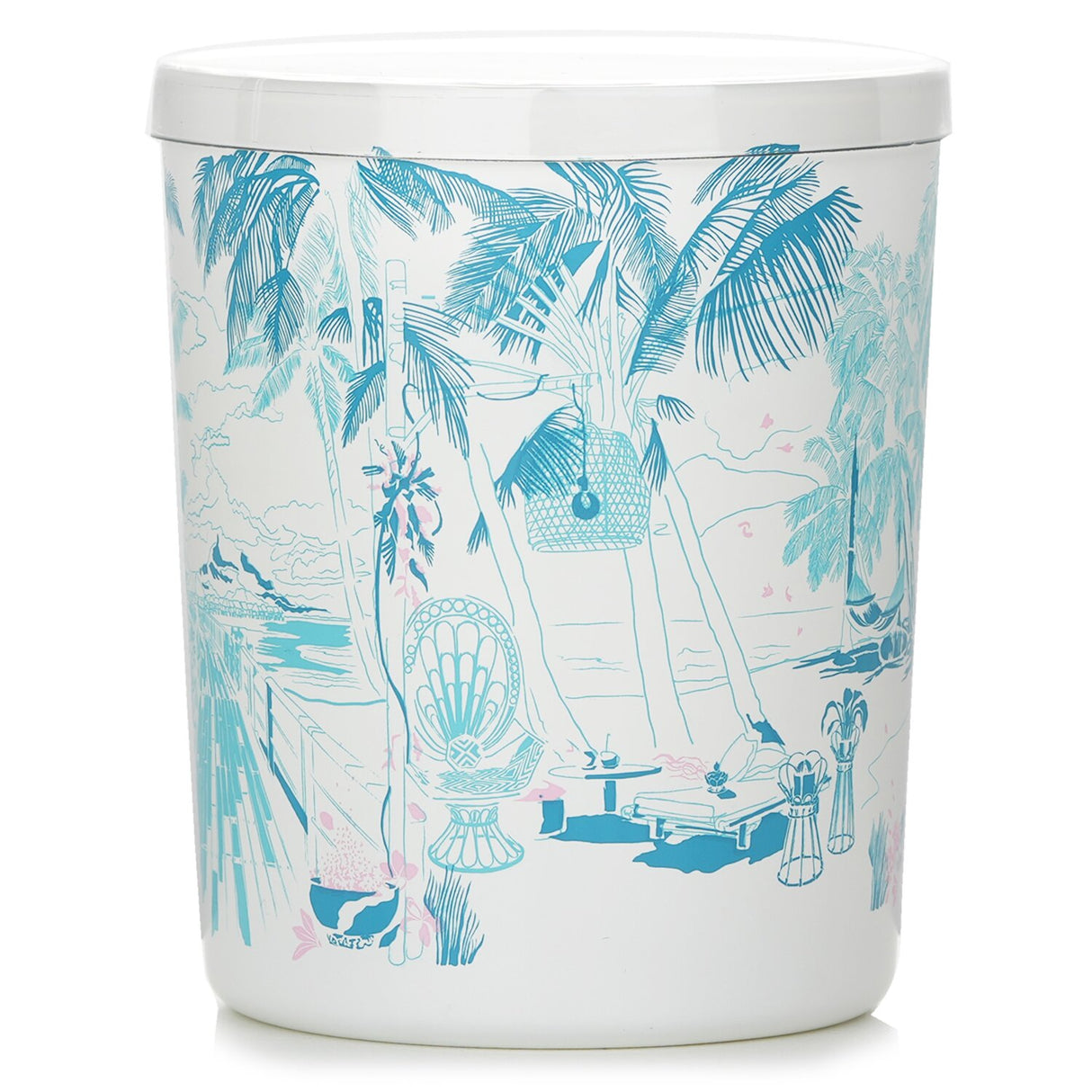 Scented candle in white glass featuring blue and pink floral design, exuding tropical fragrance of bergamot, jasmine, and coconut.