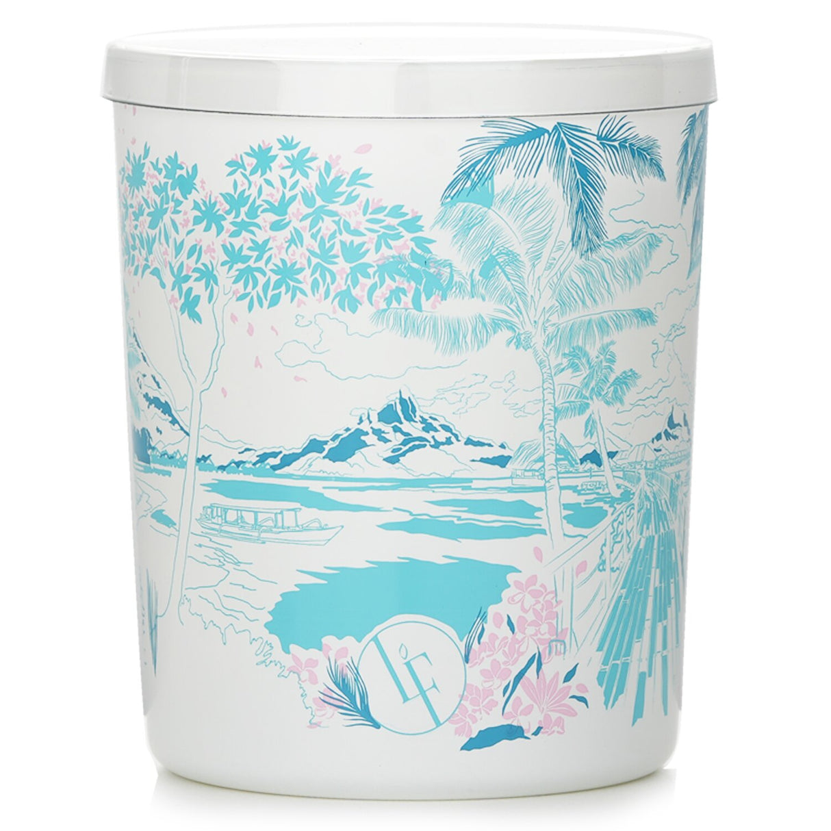 Scented candle in white glass with floral design, offering tropical bergamot, jasmine, and coconut fragrance. 40-hour burn time.
