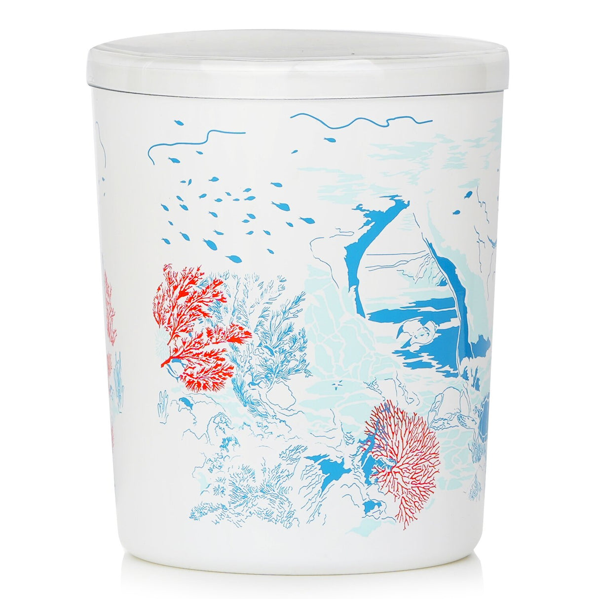 Ocean-inspired Coral Garden scented candle in a stylish white glass, featuring marine accords and musk for tranquility.