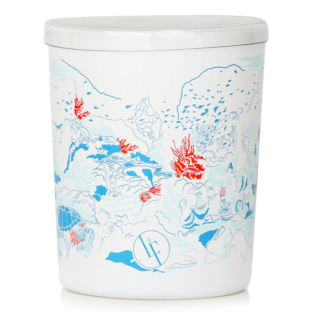 Ocean-inspired Coral Garden scented candle in a white glass holder, featuring fresh marine notes and a 40-hour burn time.
