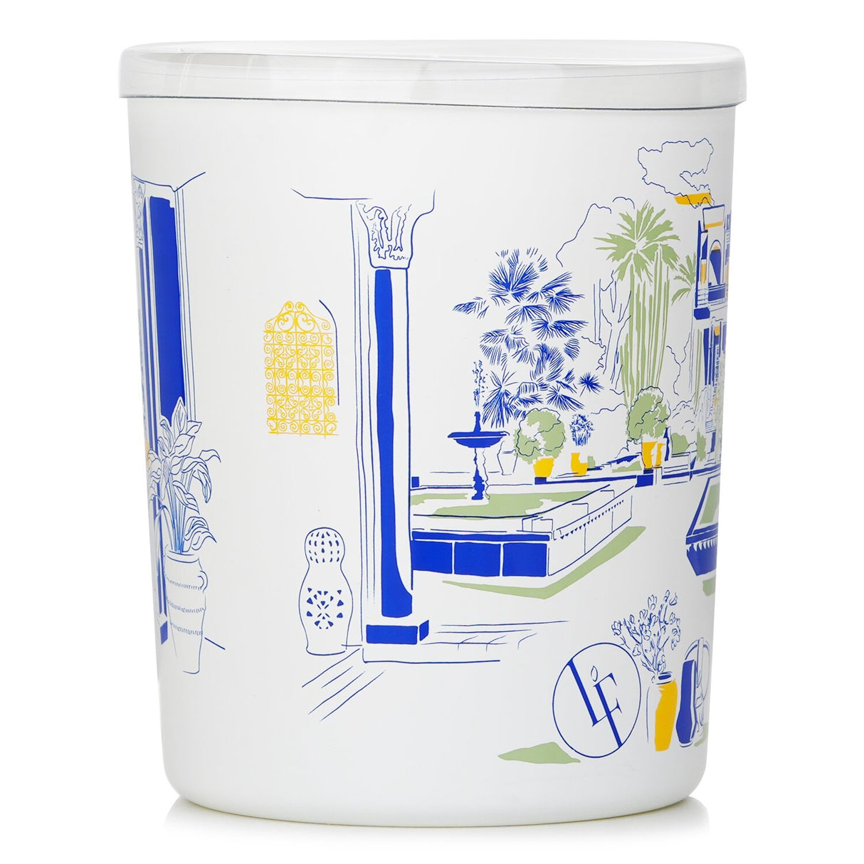 Elegant blue garden scented candle in a decorative white container, featuring bamboo and cedarwood fragrance for a serene atmosphere.