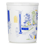 Elegant blue garden scented candle in a decorative white container, featuring bamboo and cedarwood fragrance for a serene atmosphere.