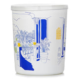 Blue Garden Scented Candle in a decorative white container, featuring bamboo and cedarwood aroma, with a 40-hour burn time.