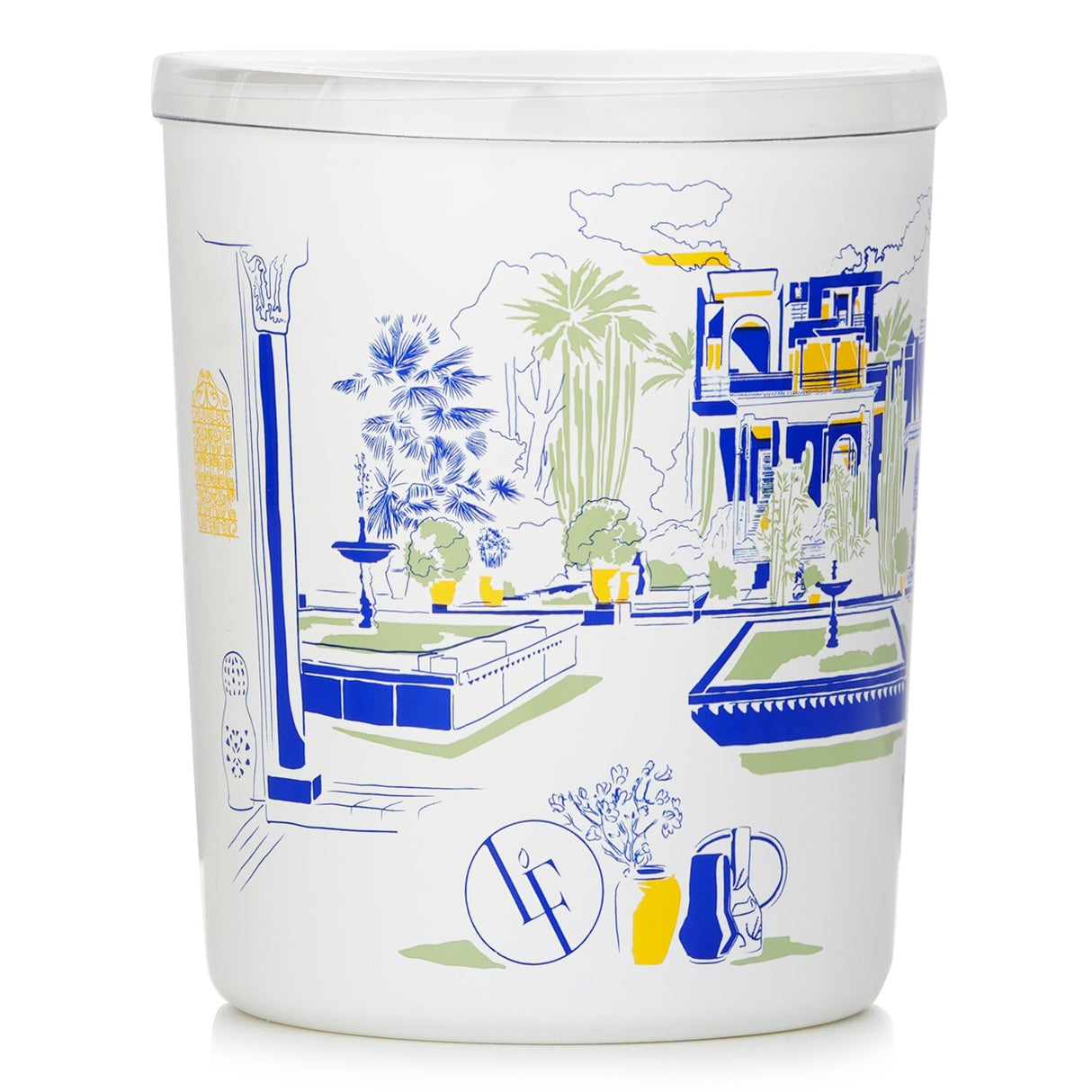 Bougies la Francaise Blue Garden scented candle in a white decorative container, infused with bamboo and cedarwood for a refreshing aroma.
