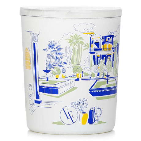 Bougies la Francaise Blue Garden scented candle in a white decorative container, infused with bamboo and cedarwood for a refreshing aroma.