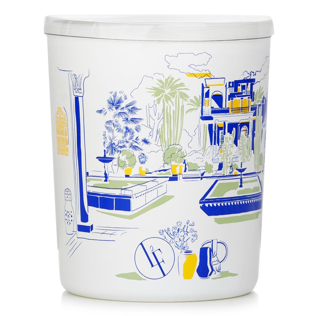 Bougies la Francaise Blue Garden scented candle in a white decorative container, infused with bamboo and cedarwood for a refreshing aroma.