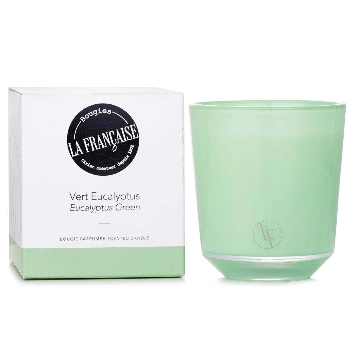 Green eucalyptus scented candle in a soft green glass container, offering 40 hours of refreshing mint and eucalyptus aroma.