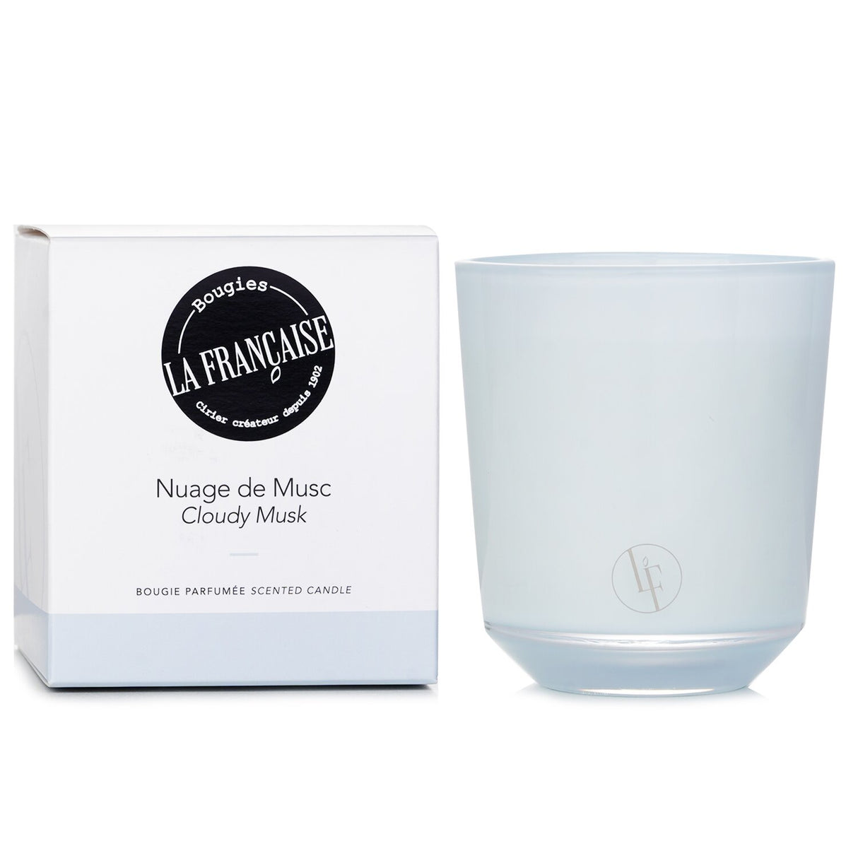 Elegant Cloudy Musk scented candle in a glass jar, offering 40 hours of fragrant tranquility and ambiance.
