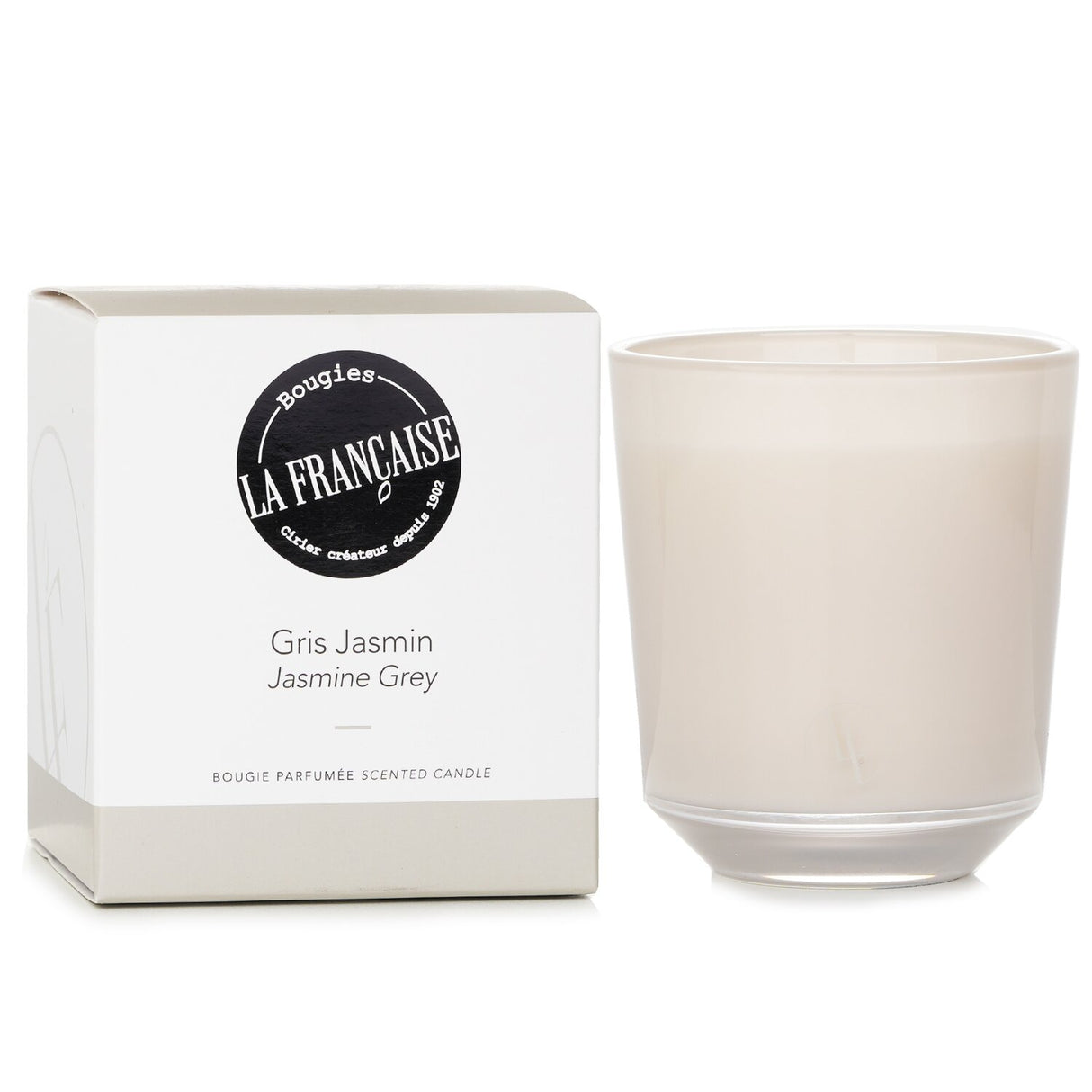 Luxurious gray glass candle filled with jasmine, rose, and musk fragrance, providing 40 hours of soothing ambiance.