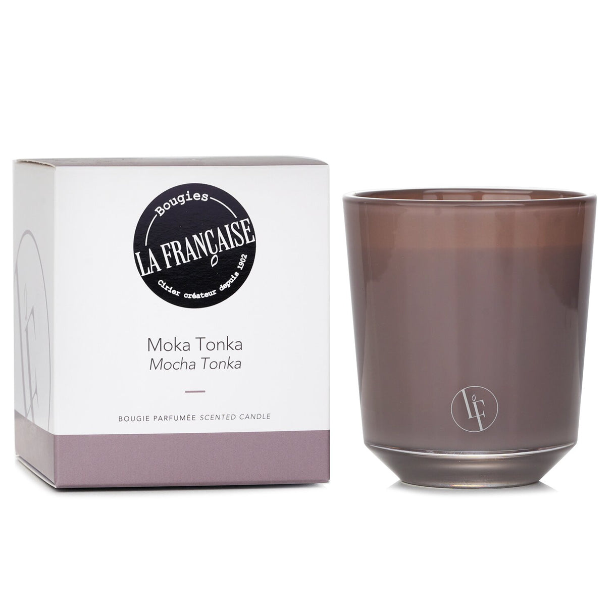 Moka Tonka scented candle in an elegant brown glass container, offering cozy mocha and tonka fragrance with 40 hours of burn time.