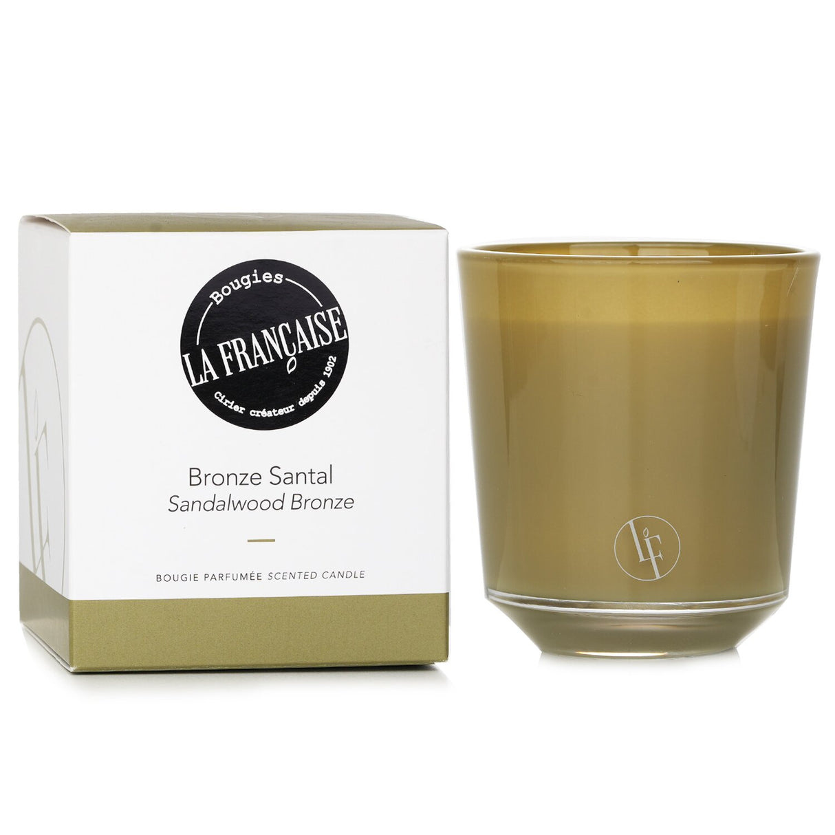 Bronze Santal scented candle in elegant glass, offering a woody fragrance for relaxation, with a 40-hour burn time.