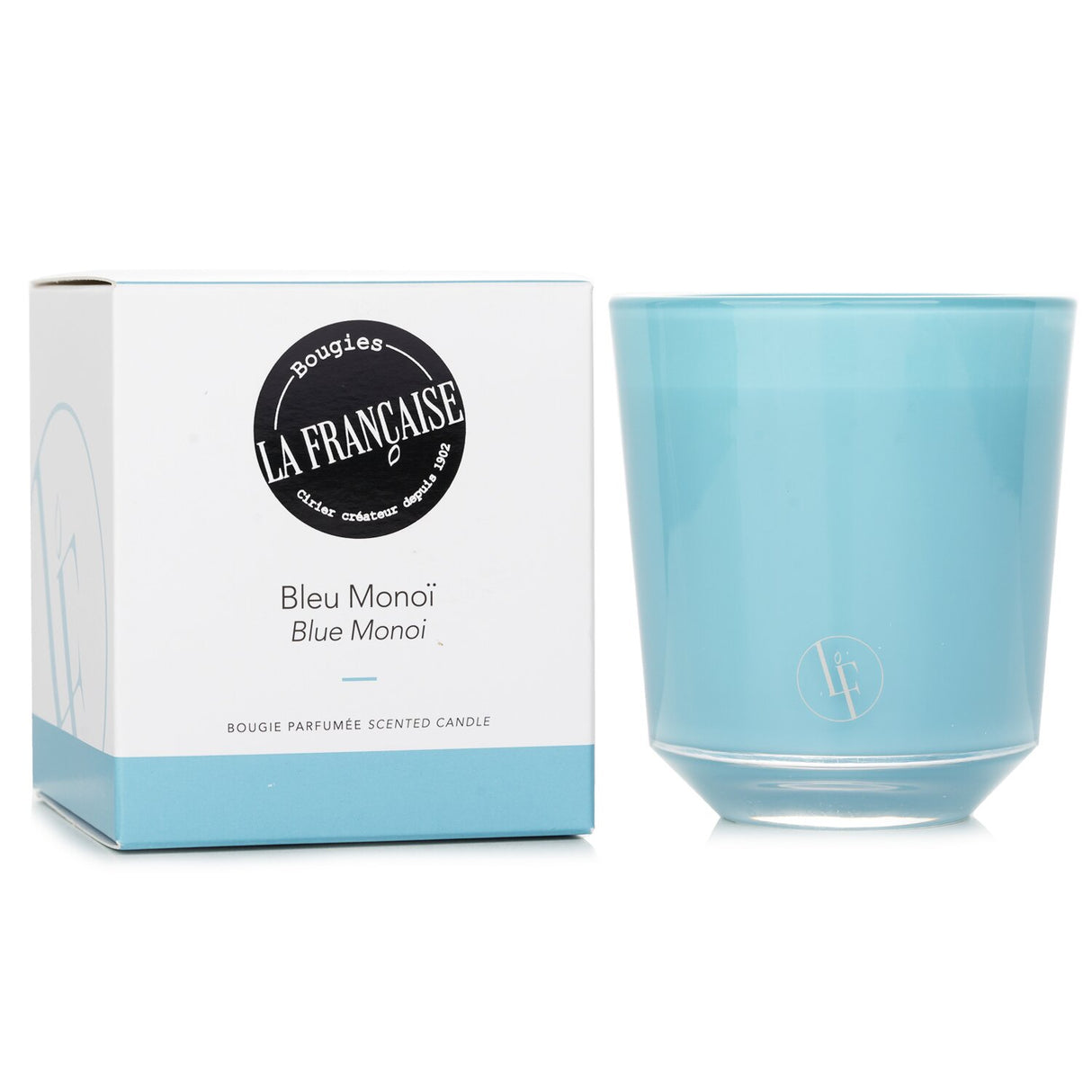 Luxurious 200g Bleu Monoï scented candle with coconut, vanilla, and floral notes for a tropical escape ambiance.