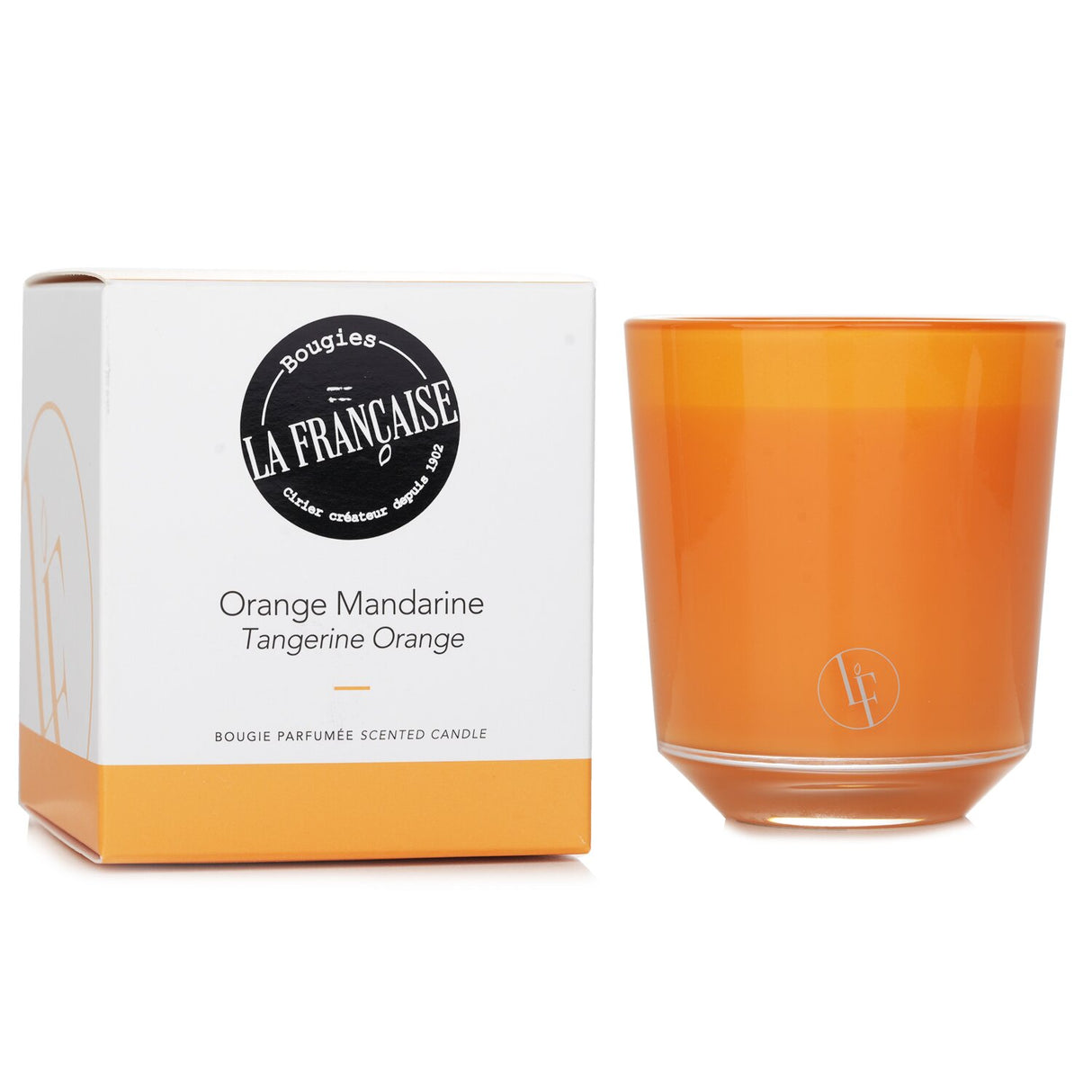Bougies la Francaise Orange Mandarine Candle in a vibrant orange glass, delivering uplifting citrus scents for 40 hours.