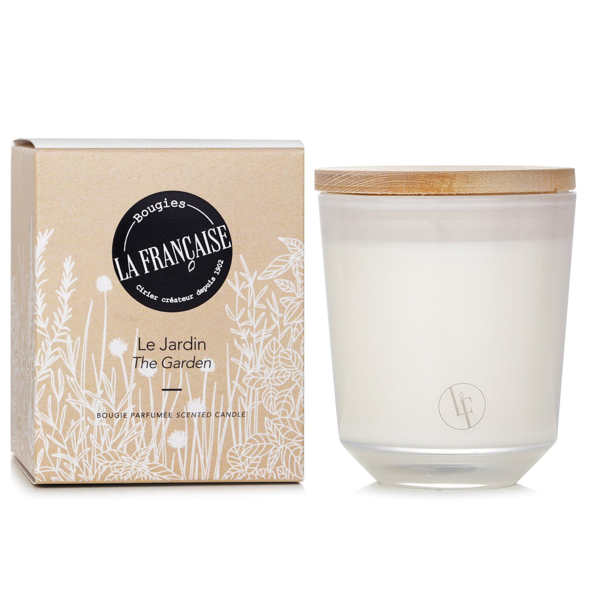 Bougies la Francaise 200g garden scented candle in elegant white glass with wooden lid, offering a refreshing, eco-friendly fragrance.