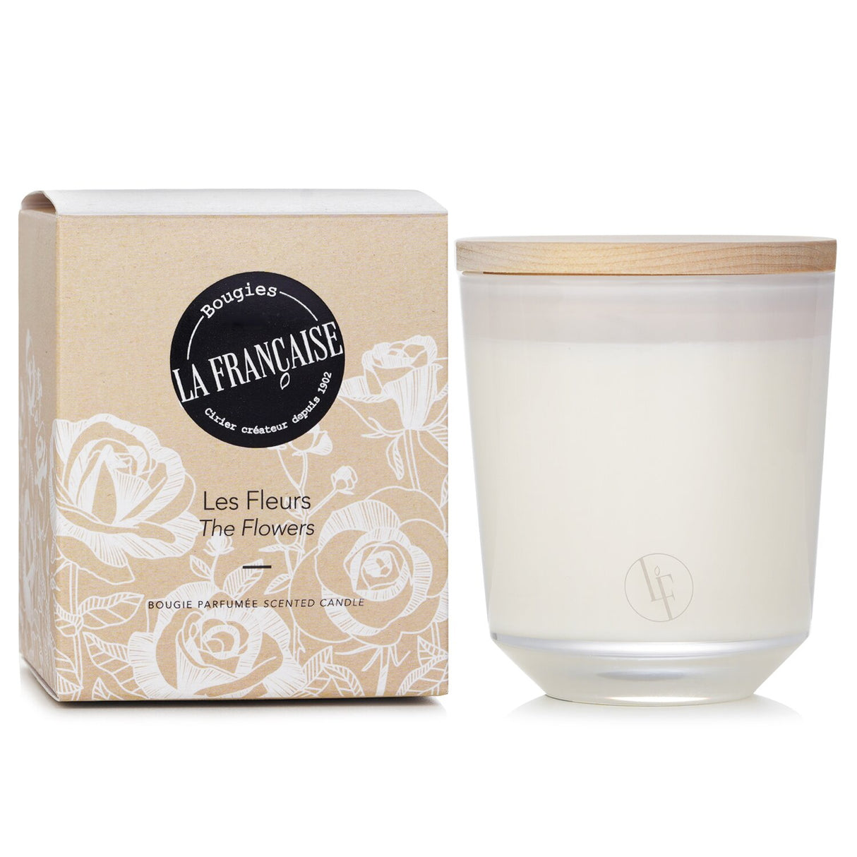 Elegant white glass candle with wooden lid, featuring a floral scent and 40-hour burn time, made from eco-friendly vegetable wax.