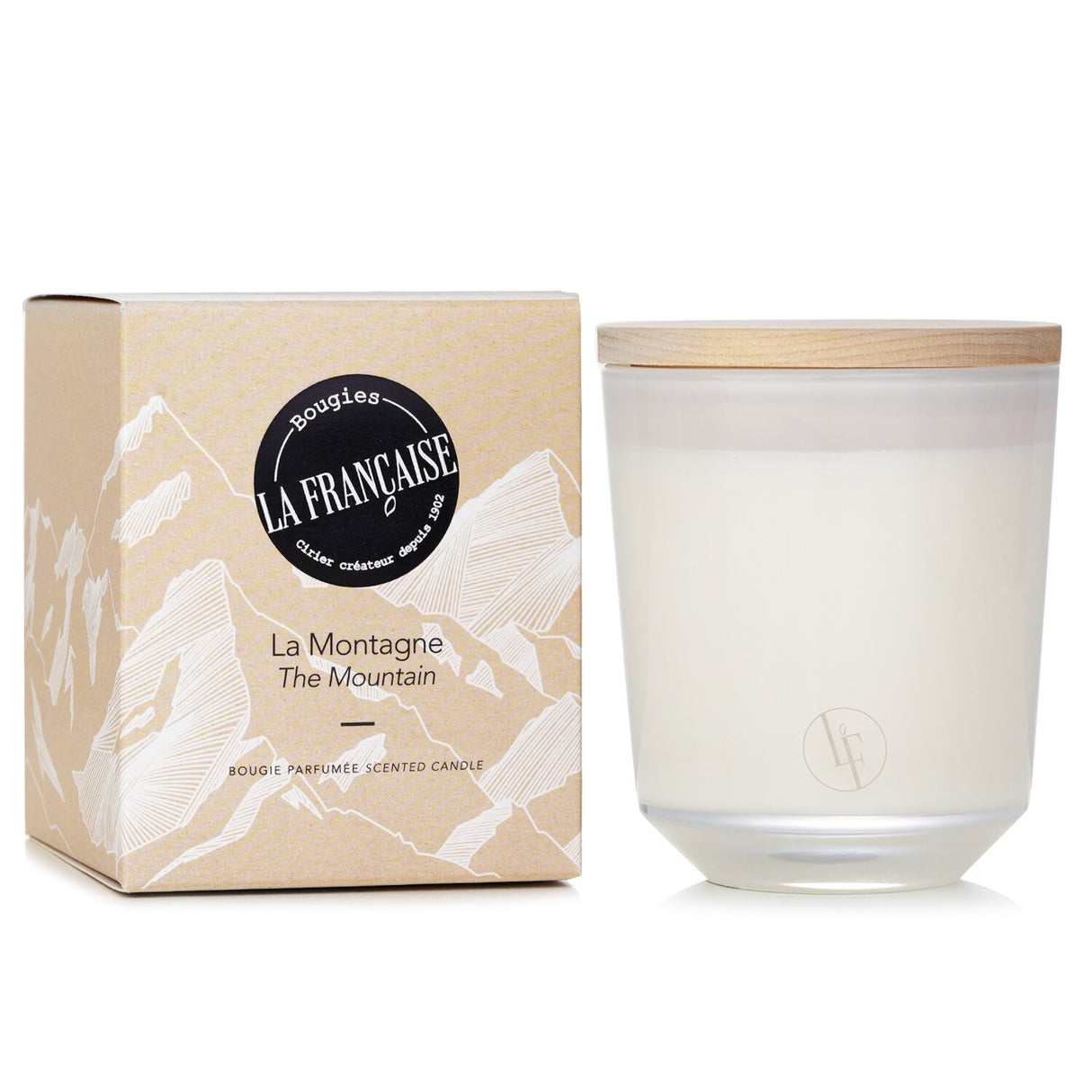 Sleek white glass candle with wooden lid, emitting fresh mountain fragrance from eco-friendly vegetable wax, burns for 40 hours.
