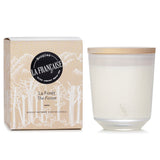 Vegetable wax candle in white glass with wooden lid, featuring a fresh pine forest scent and 40 hours of burn time.