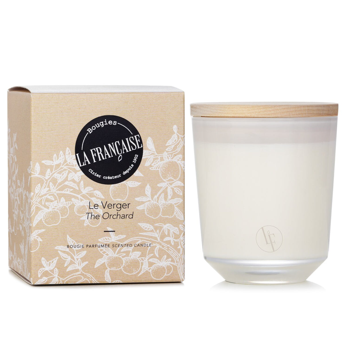 Bougies la Francaise The Orchard Scented Candle in elegant white glass with wooden lid, infused with zesty red mandarin and orange blossom.
