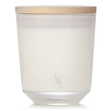 Elegant white glass candle with wooden lid, filled with eco-friendly lavender scented wax for a sustainable ambiance.