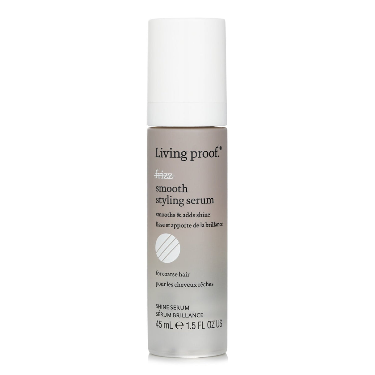 Living Proof No Frizz Smooth Styling Serum in a 45ml bottle, designed for frizz control, shine, and heat protection.