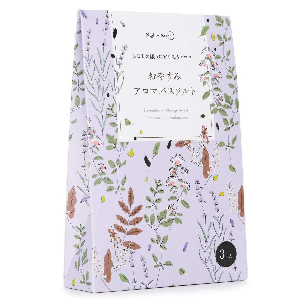 Aromatic bath salts with lavender, orange sweet, and geranium for a calming nighttime experience. Made in Japan.