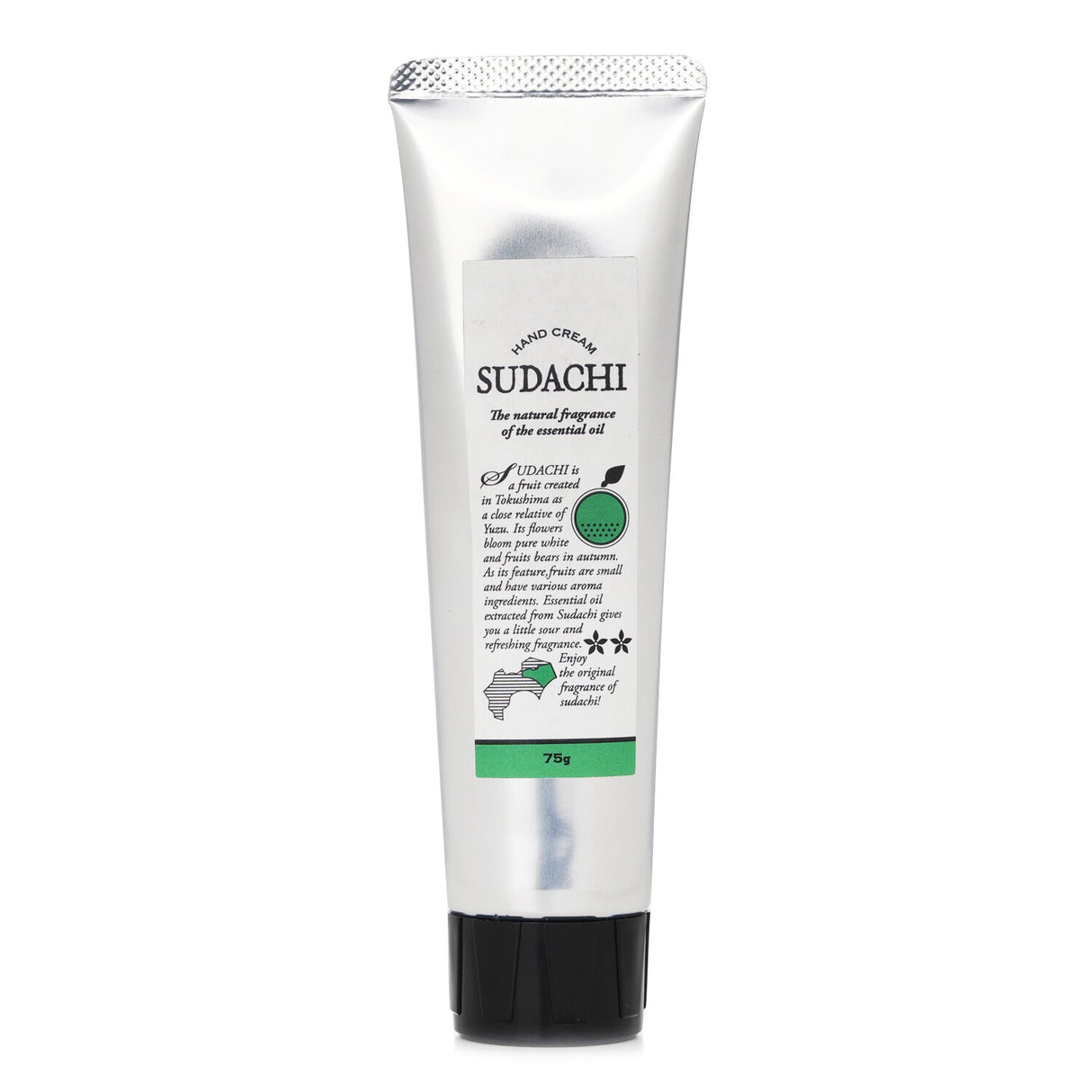 Luxurious 75g Sudachi hand cream infused with six citrus oils for soft, hydrated hands and a refreshing scent.