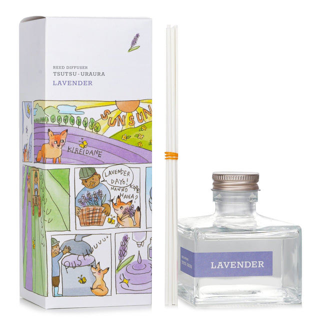 Lavender reed diffuser in colorful box, infused with essential oils for odor neutralization and long-lasting fragrance.
