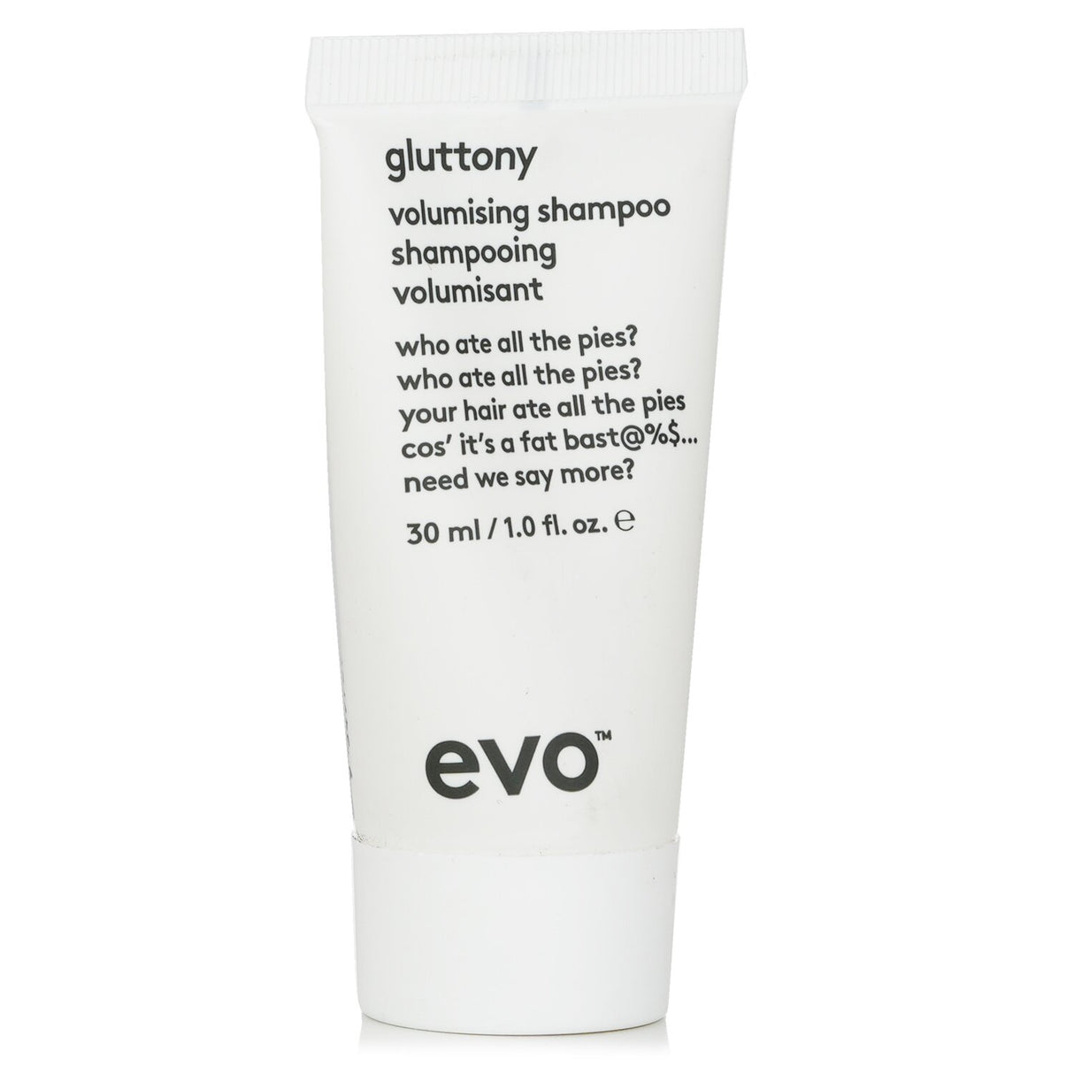 Evo Gluttony Volumising Shampoo: 30ml sulphate-free formula enhances volume and thickness for all hair types, especially fine hair.