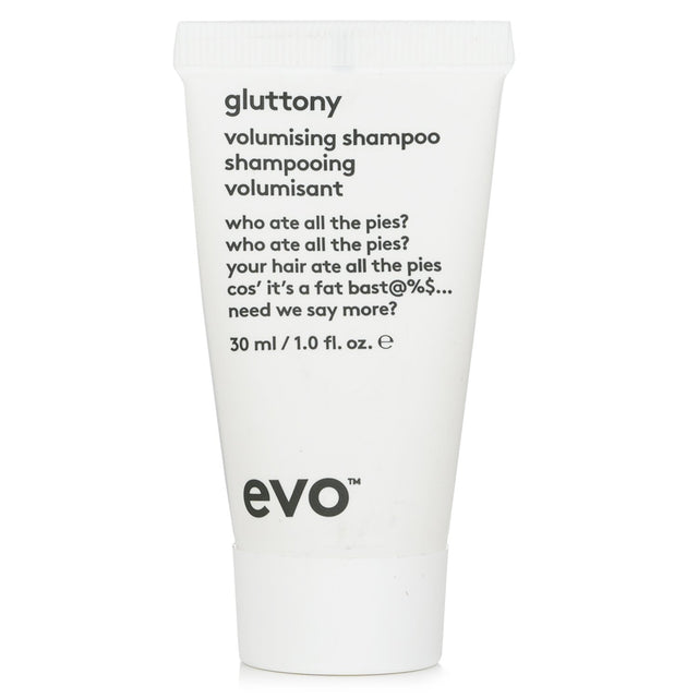 Evo Gluttony Volumising Shampoo, 30ml, adds volume and thickness, perfect for fine hair with protein-rich, sulphate-free formula.