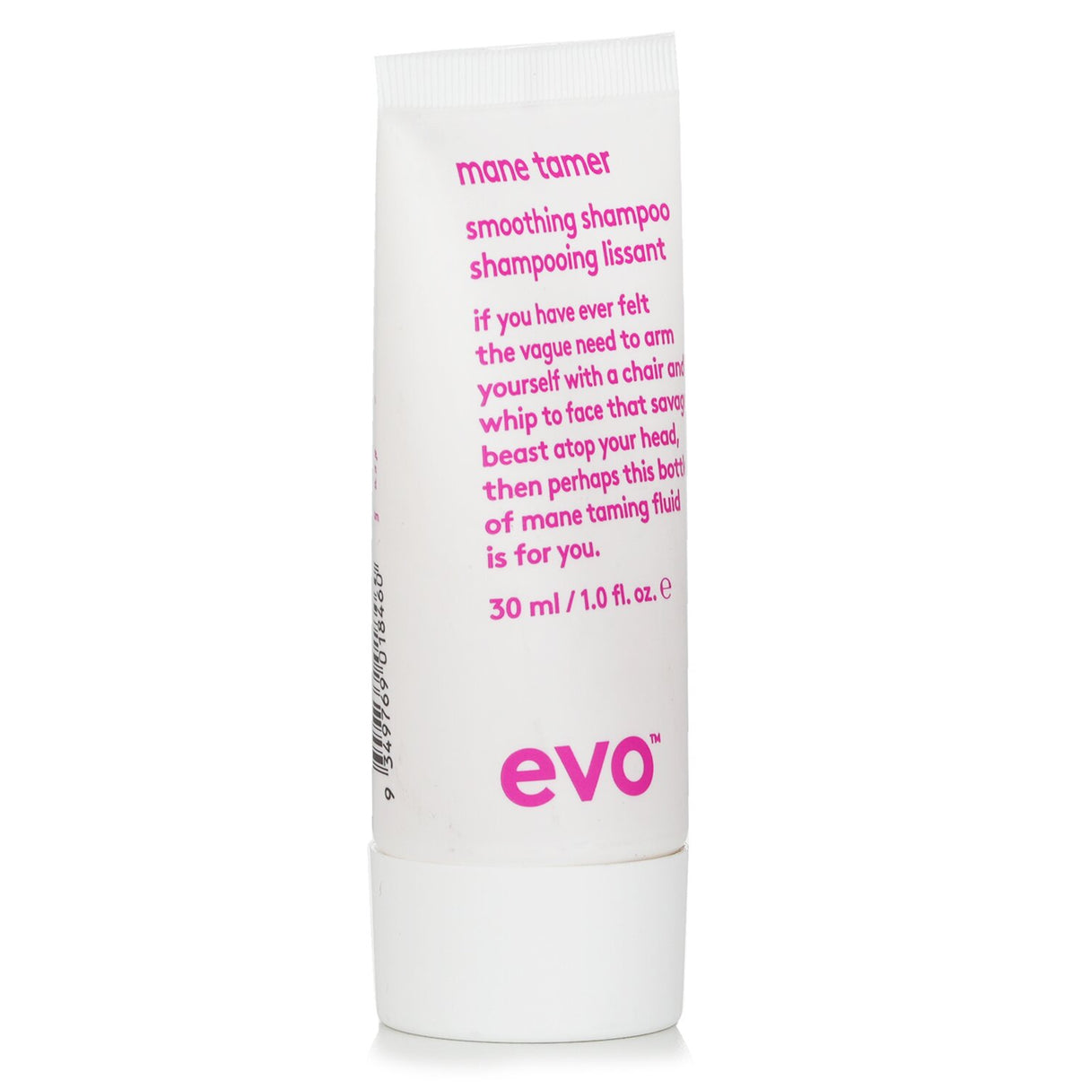 Evo Mane Tamer Smoothing Shampoo 30ml for frizzy, color-treated hair; sulfate-free, nourishing, and frizz-controlling formula.