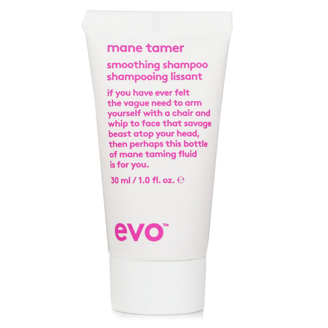 Evo Mane Tamer Smoothing Shampoo 30ml, perfect for frizzy color-treated hair, offers gentle cleansing and frizz control.