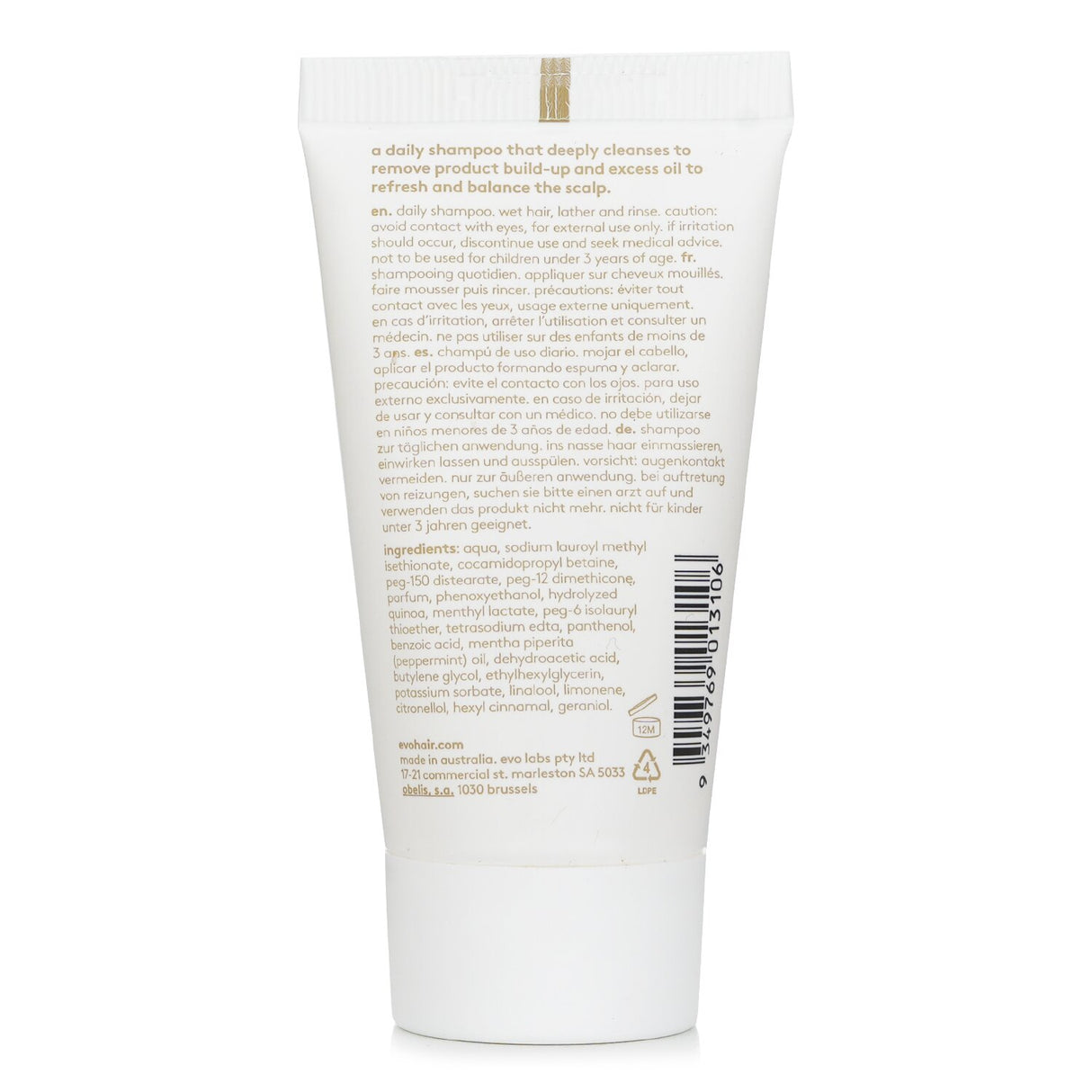 Travel-sized Evo Normal Persons Daily Shampoo in 30ml, sulfate-free, for gentle cleansing of normal to oily hair types.