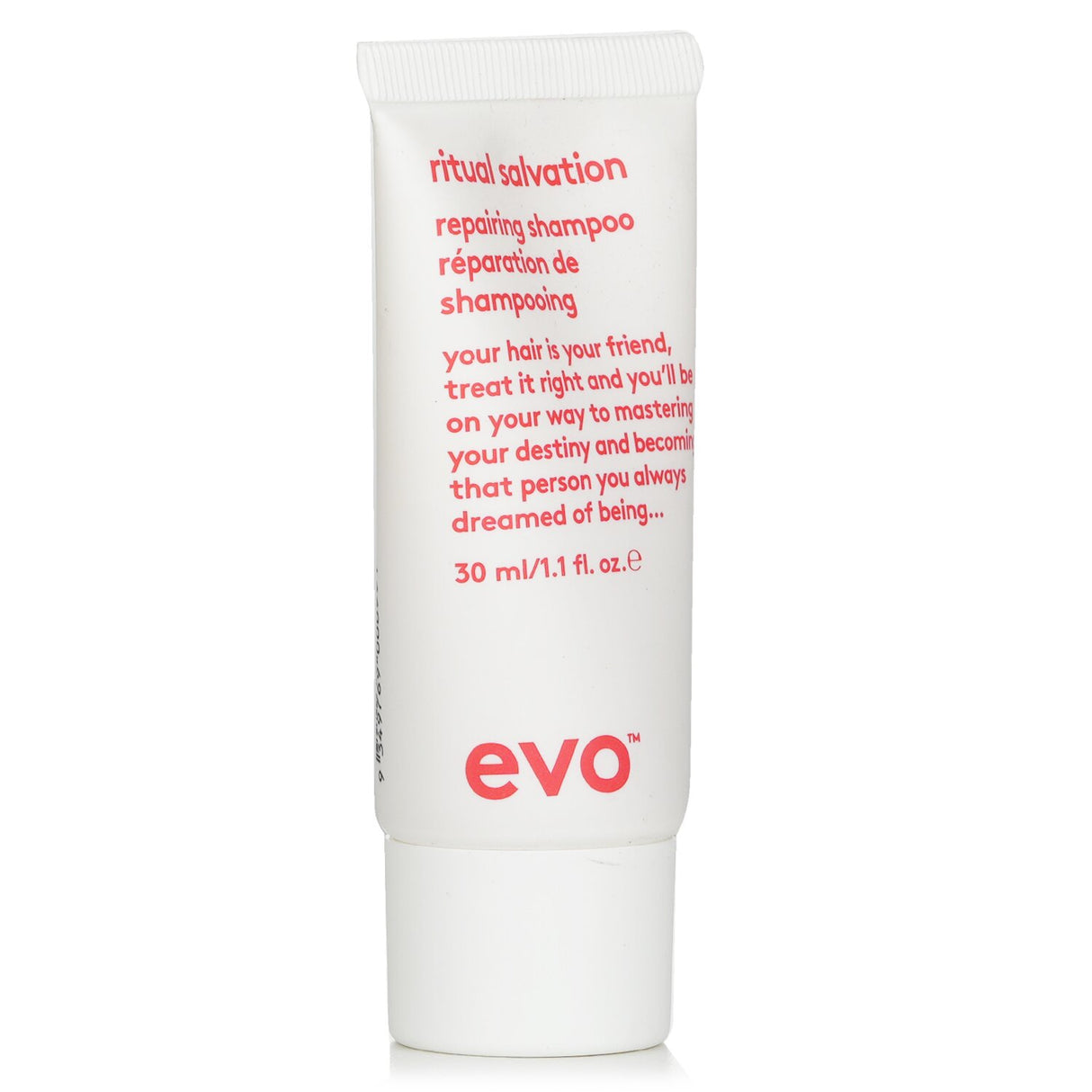 Evo Ritual Salvation Repairing Shampoo 30ml, for color-treated hair, gently cleanses and strengthens while preventing color fading.