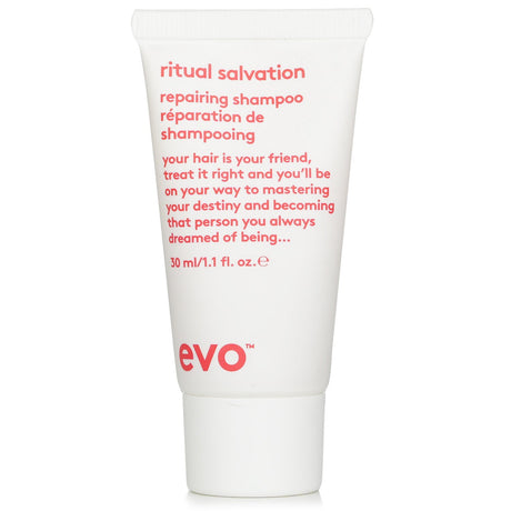 Evo Ritual Salvation Repairing Shampoo, 30ml, for color-treated hair, gently cleanses, repairs, and prevents color fading.