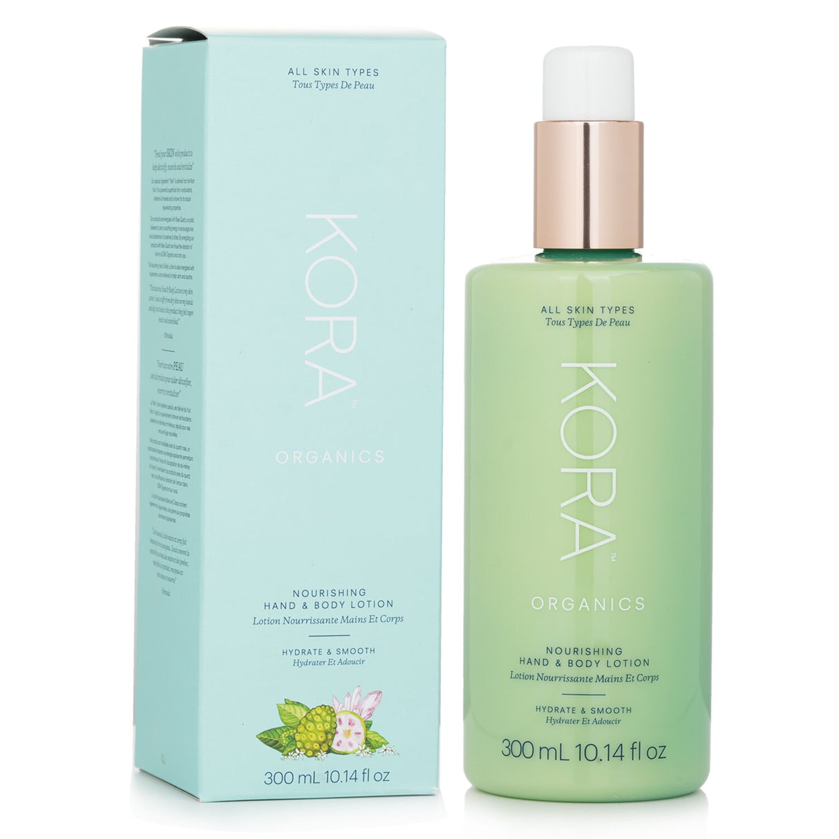 Kora Organics Hand & Body Lotion in a 300ml bottle, vegan formula for hydration with a soothing rose and basil scent.