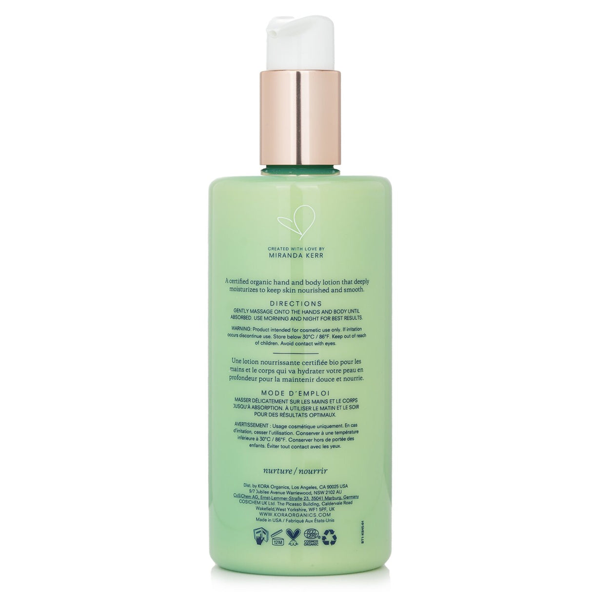 Nourishing Kora Organics Hand & Body Lotion in a 300ml bottle, enriched with organic botanicals and a soothing rose scent.