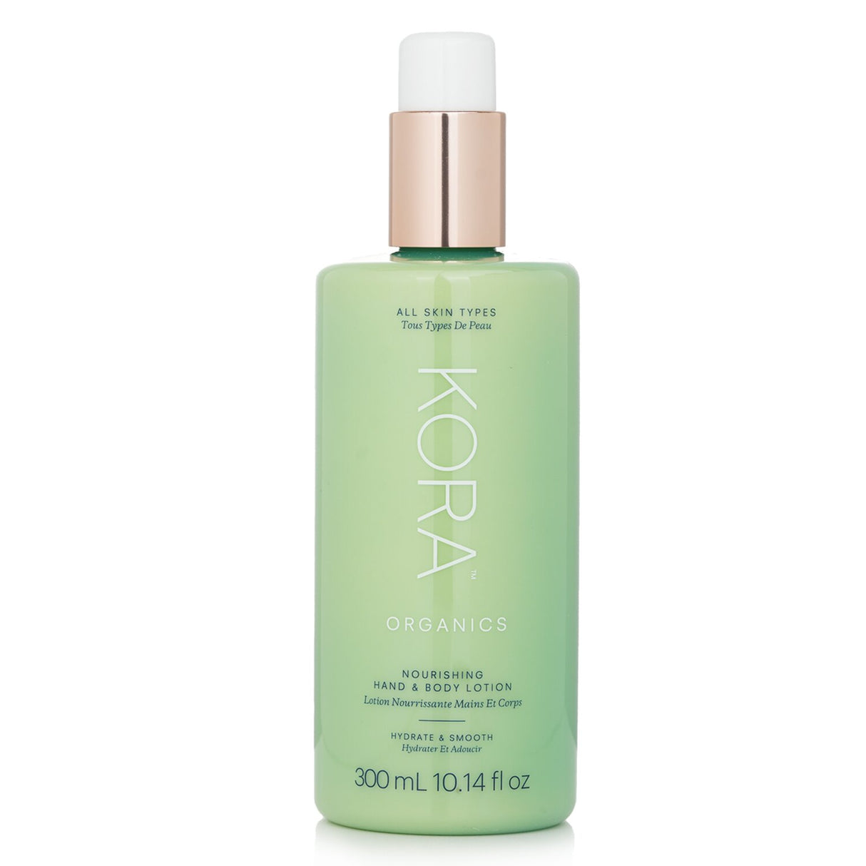 Kora Organics Hand & Body Lotion in 300ml, vegan formula, hydrates skin with organic botanicals and a soothing rose scent.
