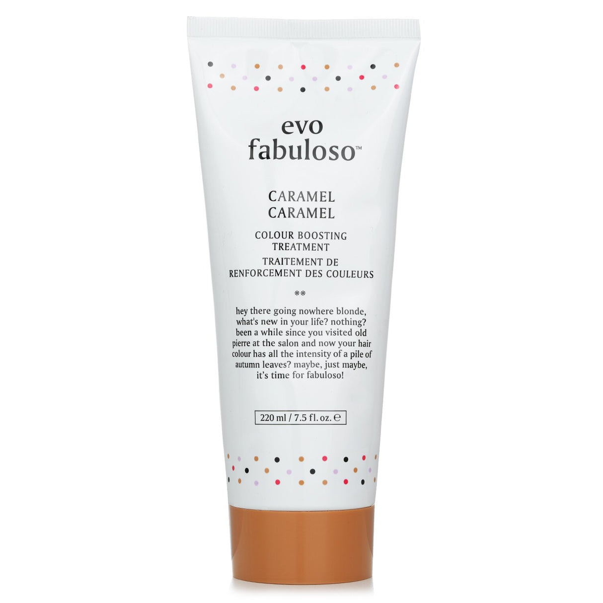 Evo Fabuloso Caramel treatment in 220ml bottle, revives and boosts color for blonde hair, enhances shine and softness.