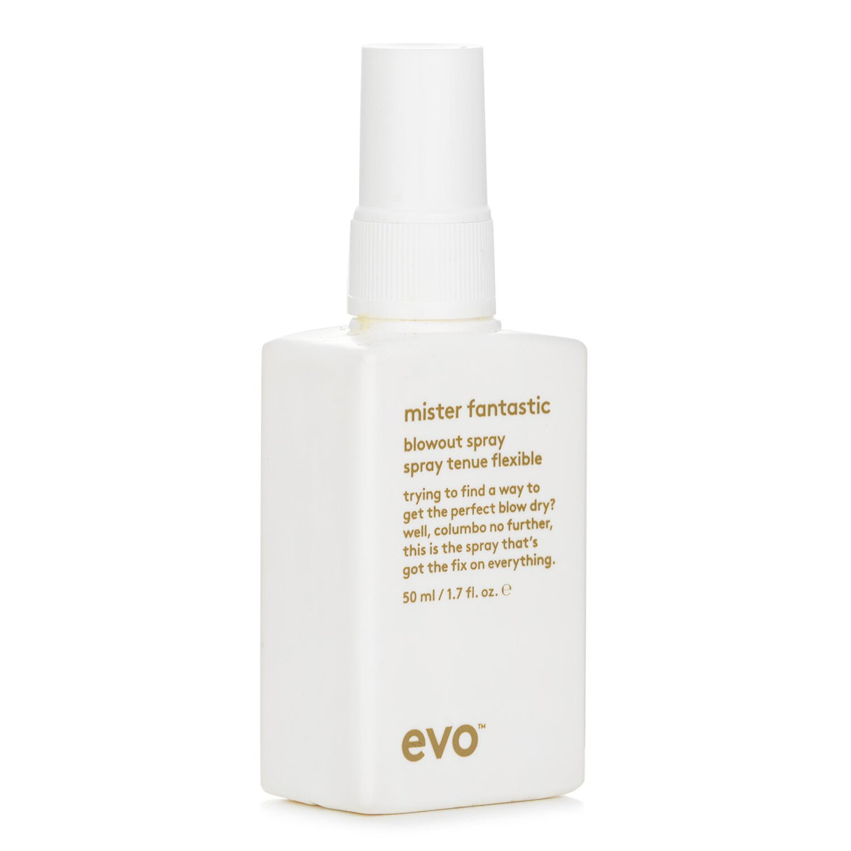 Evo Mister Fantastic Blowout Spray in 50ml enhances all hair types with heat protection and adds body and texture for salon-quality results.