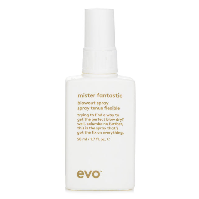 Evo Mister Fantastic Blowout Spray in 50ml, a versatile heat protectant for all hair types, adds body and texture for salon-quality styles.