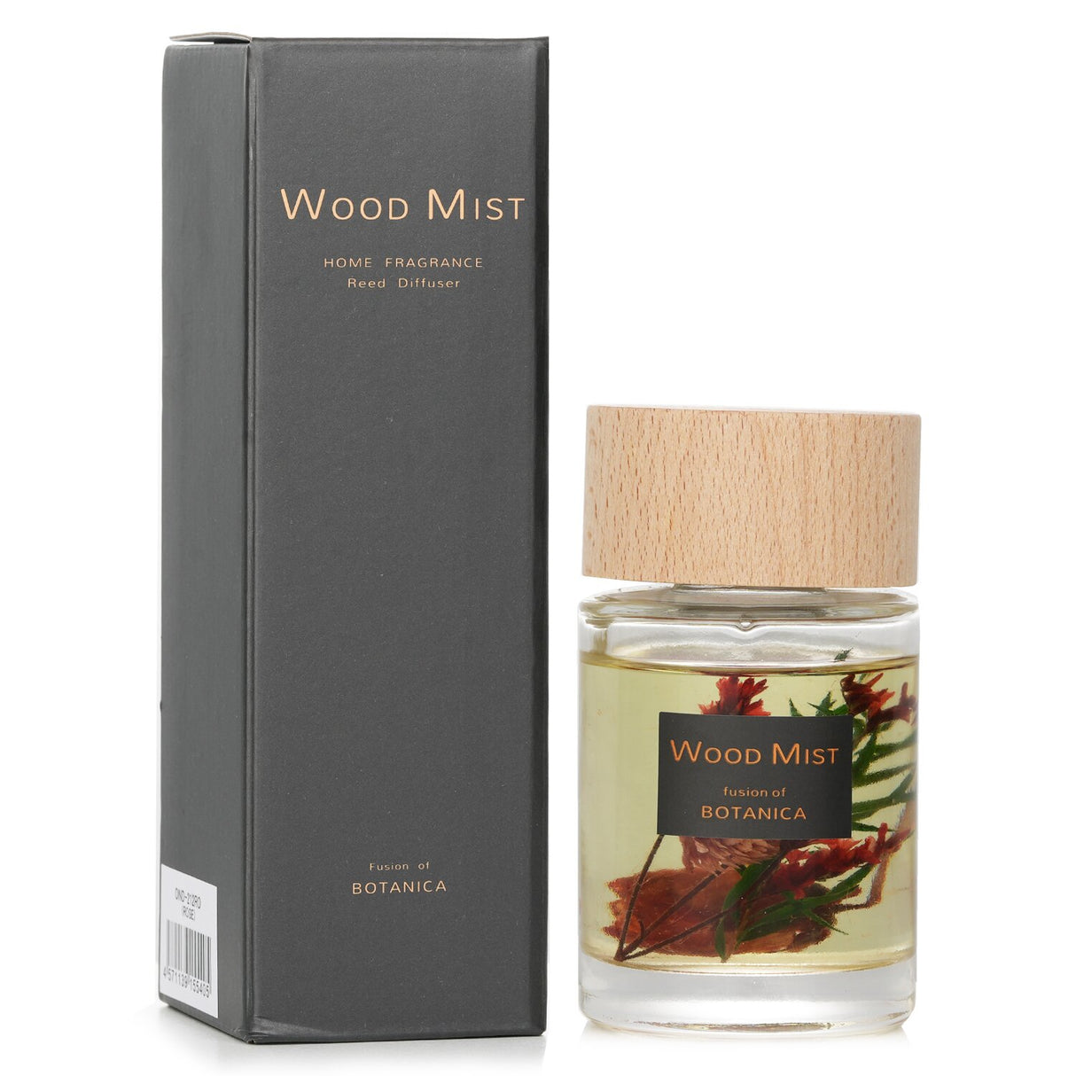 Botanica Wood Mist Reed Diffuser in Rose, 60ml, features a transparent bottle, rustic wooden lid, and natural floral fragrance.