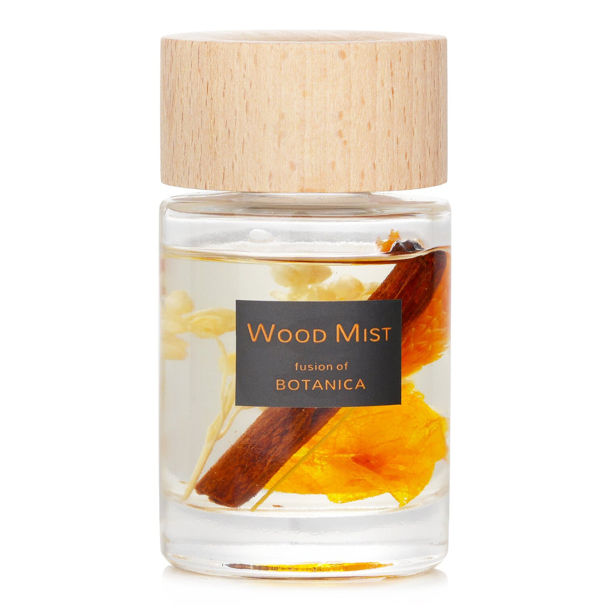 Natural reed diffuser in a clear bottle with a wooden lid, featuring orange cinnamon scent and lasting 2-3 weeks.