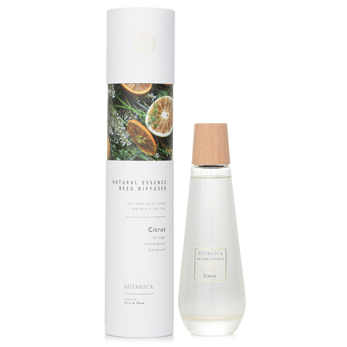 Natural essence reed diffuser in an elegant pyramid bottle, featuring uplifting citrus scents for inviting home ambiance.