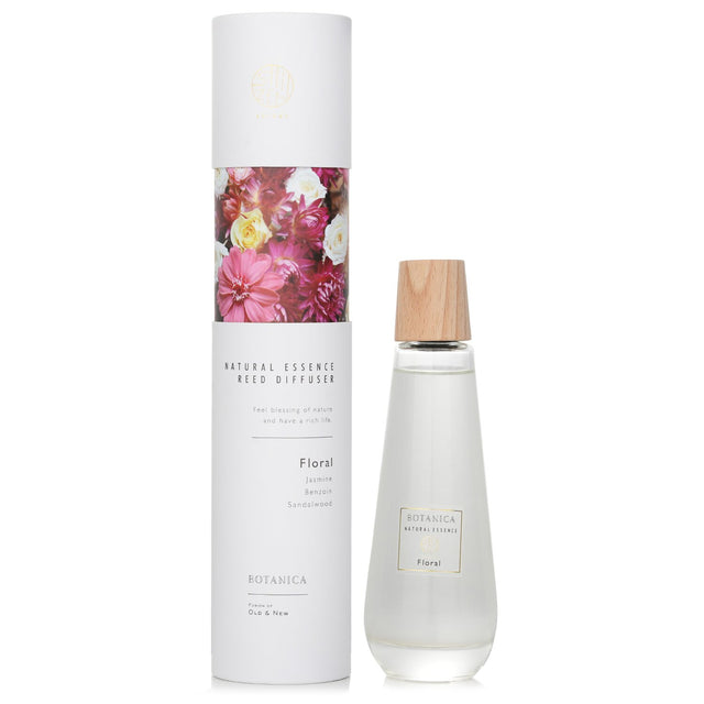 Elegant floral reed diffuser in a pyramid-shaped bottle, featuring jasmine, lily, sandalwood, and musk scents.