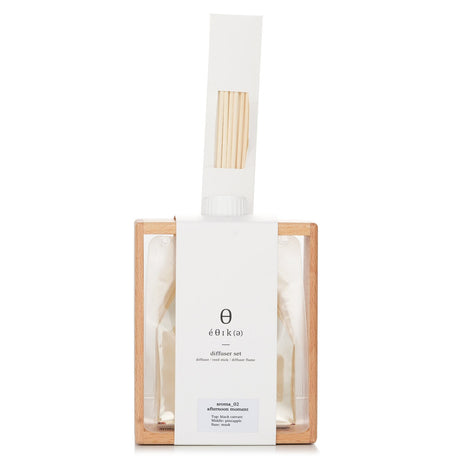 A sleek reed diffuser set with 270ml fragrance oil, wooden stand, and 6 reed sticks for a serene home ambiance.